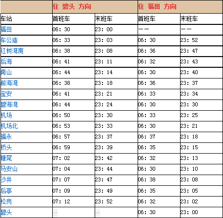 深圳捷运11号线首末班车时间 深圳捷运11号线首末班车时间