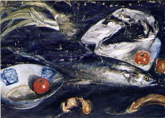 《鱼与茄》(1940)中国油画之父李铁夫 《鱼与茄》(1940)中国油画之父李铁夫