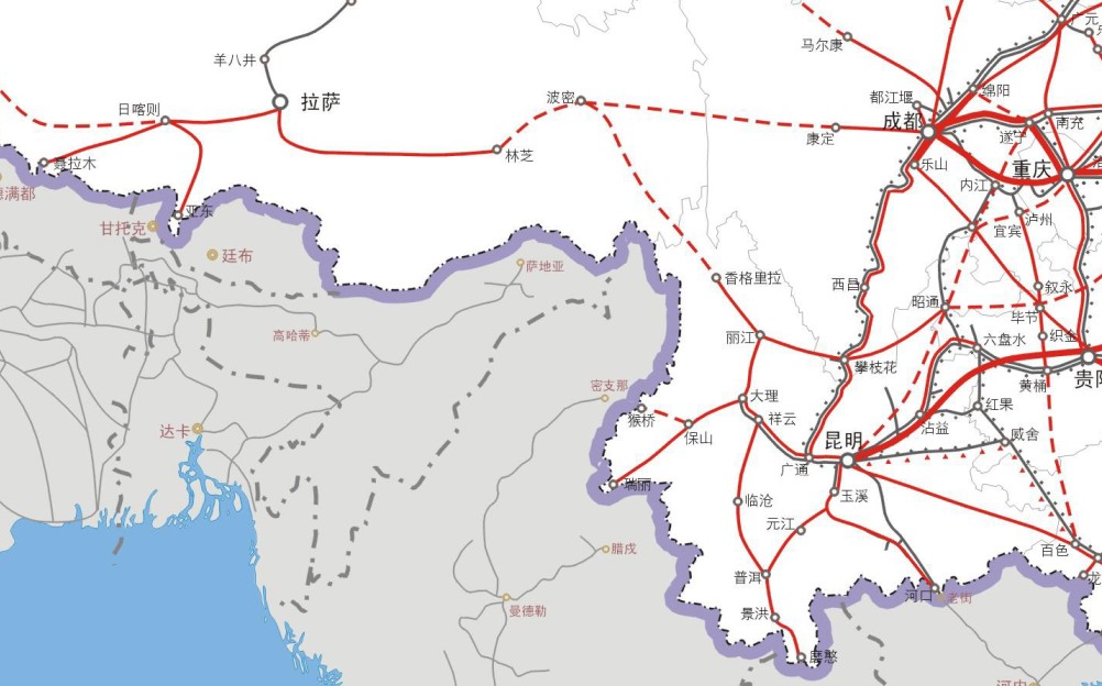 《中长期铁路网规划》中的滇藏铁路线路图 《中长期铁路网规划》中的滇藏铁路线路图