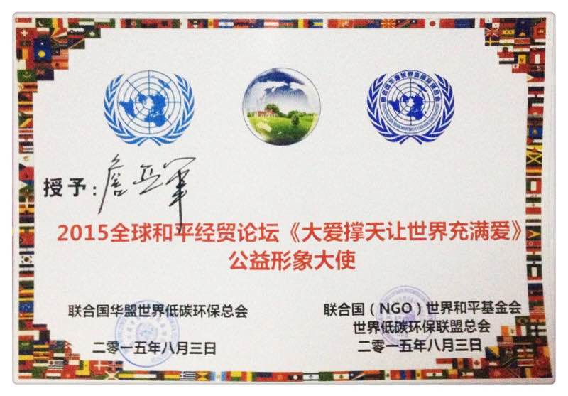 被授2015年全球和平经贸论坛公益形象大使 被授2015年全球和平经贸论坛公益形象大使