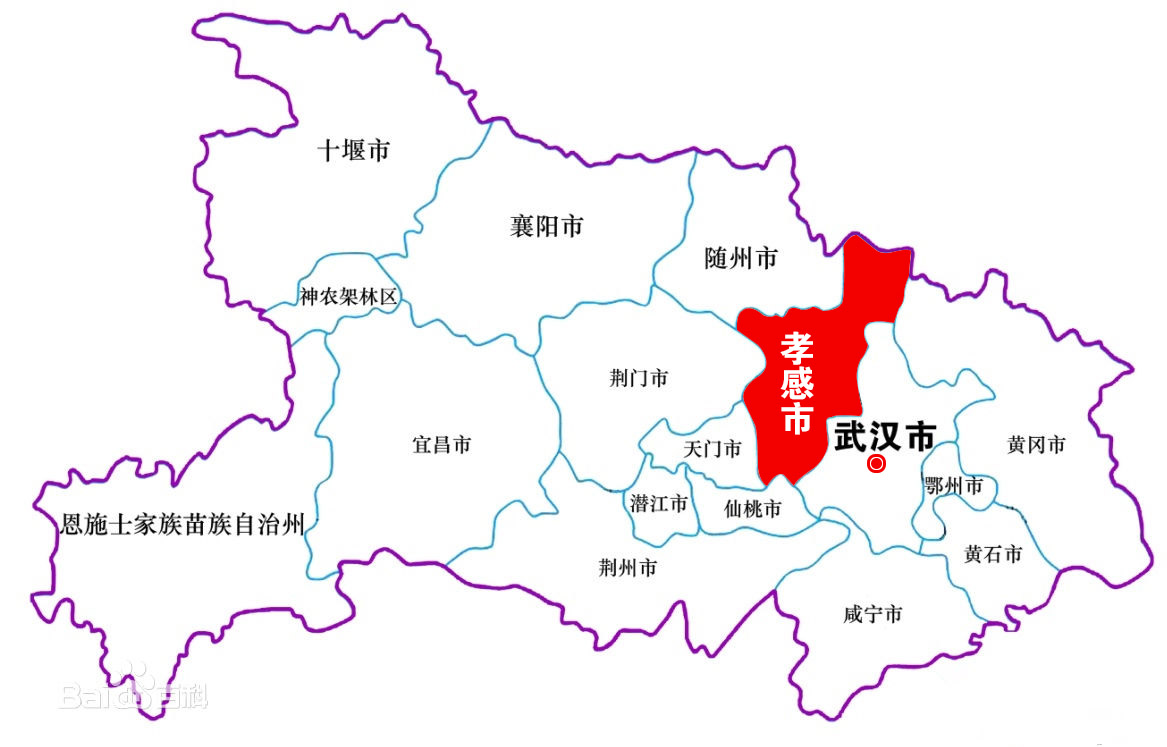 孝感市在湖北省位置(红色区域部分) 孝感市在湖北省位置(红色区域部分)