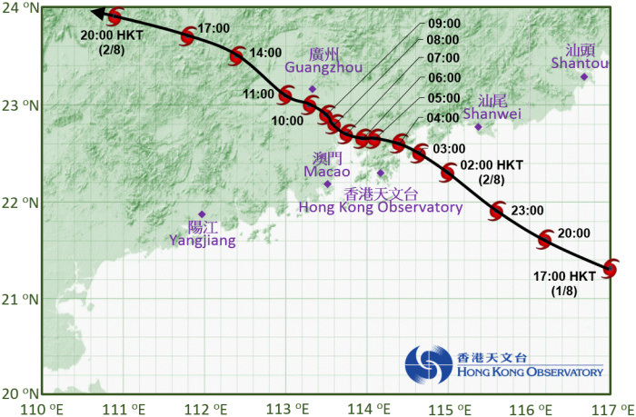 颱风妮妲接近香港时的路径图 颱风妮妲接近香港时的路径图