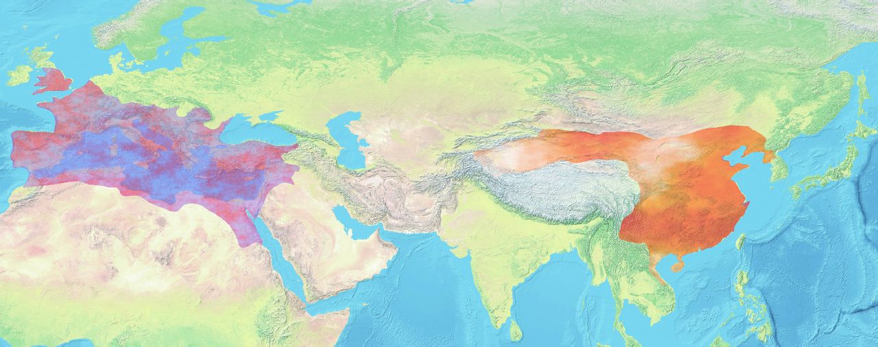 东汉(橙色)与罗马(紫色) 约公元200年 东汉(橙色)与罗马(紫色) 约公元200年