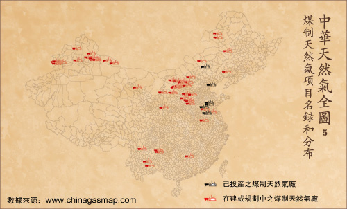 中国的煤气化制天然气装置分布 中国的煤气化制天然气装置分布