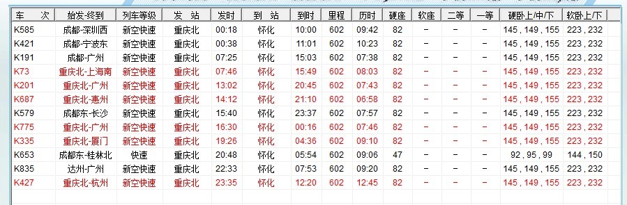 2011.7.1时刻表(怀化方向) 2011.7.1时刻表(怀化方向)