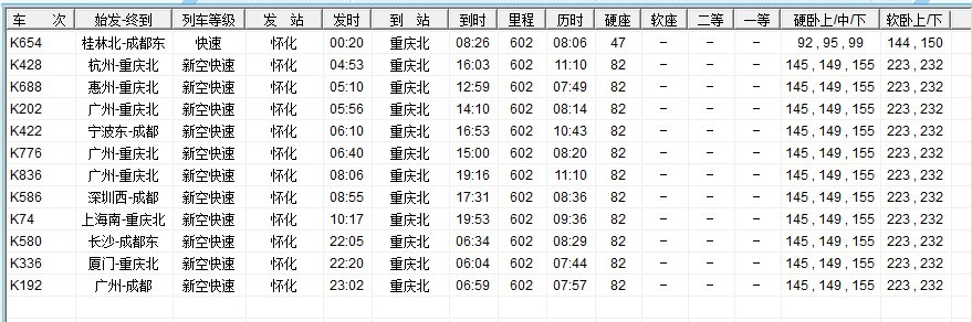 2011.7.1时刻表(重庆北方向) 2011.7.1时刻表(重庆北方向)