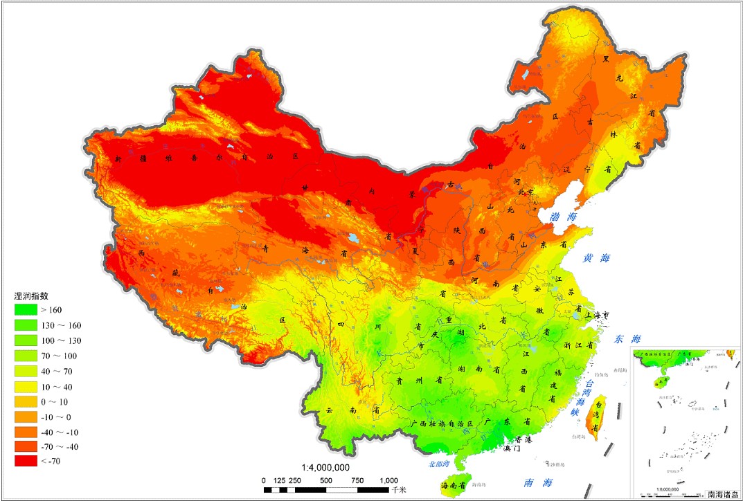 2005年中国湿润係数分布图 2005年中国湿润係数分布图